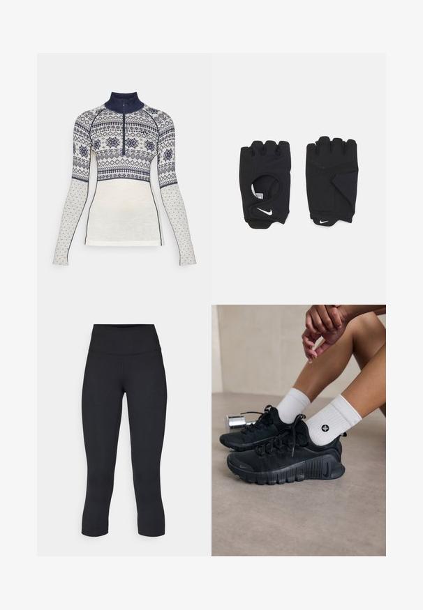 Kari Traa VILMA - Svetr - off white; Černé zkrácené legíny vyrobené z pružné látky, s vysokým pasem a hladkou texturou, bez viditelných vzorů nebo kovových prvků.; Černé sportovní boty s texturovanou látkou, šněrováním a výraznou podrážkou, v kombinaci s bílými žebrovanými ponožkami s malým logem.; Černé bezprsté rukavice vyrobené z elastického materiálu, s otevřenou dlaní, protiskluzovými detaily a bílým logem Nike.