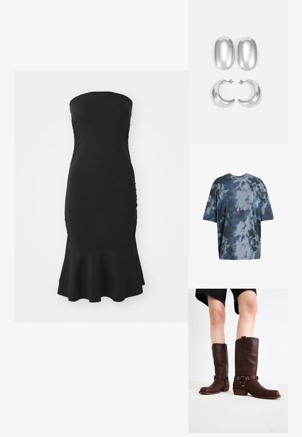 Rövid ujjú póló kék és szürke batikolt mintával, puha anyagból, kerek nyakkal, kis szürke logóval a mellkasán.; Fekete, pánt nélküli ruha rugalmas anyagból, oldalt ráncolással és bővült szegéllyel. Sima textúra, testhez simuló fazon.; Barna bőr, térd feletti csizmák kerek orral, textúrázott felülettel, bokapánttal és ezüst hardware részletekkel; rétegezett sarokkal.; Ezüst színű fülbevaló szett: két ovális stud és két félhold alakú karika, fényes, sima felülettel és kerekdeden formával.