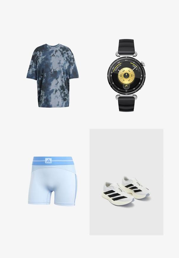 Kurzärmliges T-Shirt im blau-grauen Batikmuster, aus weichem Stoff, Rundhalsausschnitt, mit kleinem grauen Logo auf der Brust.; Hellblaue Sportshorts mit einem figurbetonten Design. Sie verfügen über einen gerippten Bund und subtile Seitenstreifen in einem dunkleren Blau.; Weiße Sportschuhe mit schwarzen Streifen und Branding, ausgestattet mit einem oberen Mesh, abgerundeter Zehenpartie und dicke cremefarbene Sohle für Dämpfung.; Schwarze Silikonarmbanduhr mit einem runden schwarzen und goldenen Zifferblatt, das ein zentrales Ziffernblatt und verschiedene Messanzeigen, einschließlich eines Fahrradsymbols, aufweist.