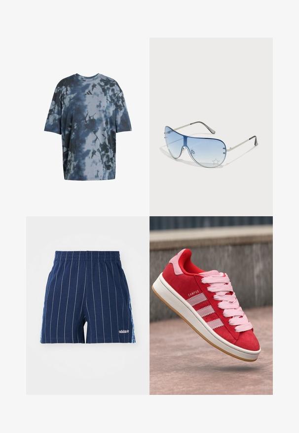 Kurzärmliges T-Shirt im blau-grauen Batikmuster, aus weichem Stoff, Rundhalsausschnitt, mit kleinem grauen Logo auf der Brust.; Dunkelblaue Shorts mit weißen Streifen, elastischem Bund und Adidas-Logo. Mit blauen Akzenten an den Seiten, aus einem Baumwoll-Mischgewebe gefertigt.; Rote Wildleder-Sneaker mit pinken Akzenten, ausgestattet mit drei weißen Streifen und hellrosa Schnürsenkeln. Weiße Zwischensohle und braune Gummi-Außensohle.; Flugzeugbrille mit einem verlaufenden blauen Glase, silbernem Metallrahmen und dekorativen Sternelementen auf dem Glas. Glattes und elegantes Design.