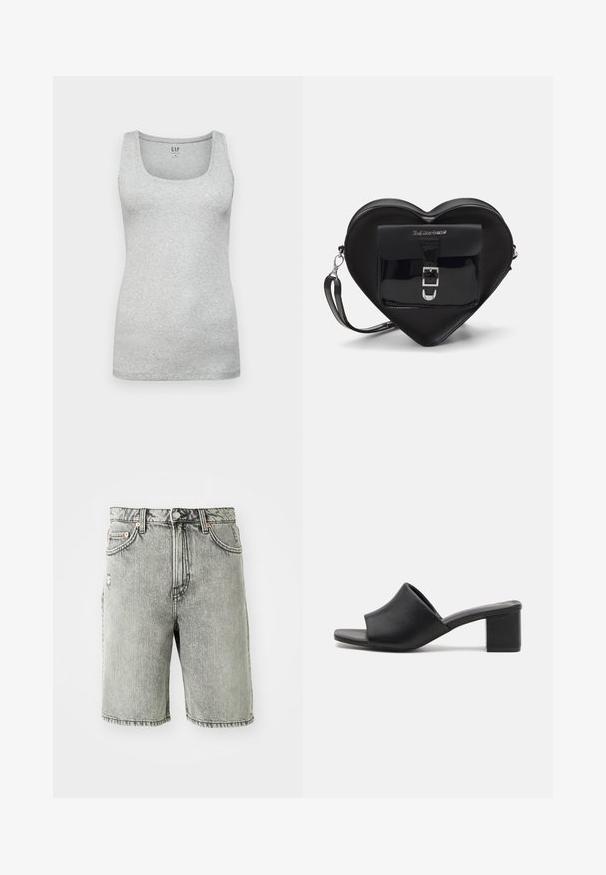 Top in cotone grigio, senza maniche, con scollo a barca, design aderente e texture liscia. Non presenta motivi o dettagli visibili.; Shorts in denim grigio con un design classico a cinque tasche, una finitura sbiadita e dettagli cuciti all'orlo e alla vita.; Mule nere in pelle con tacco a blocco e apertura sulla punta, con una superficie liscia e una tomaia leggermente curva per comfort e stile.; Borsa a forma di cuore nera in pelle verniciata, con una tasca frontale dotata di chiusura a fibbia e tracolla rimovibile. Dettagli in hardware argentato.