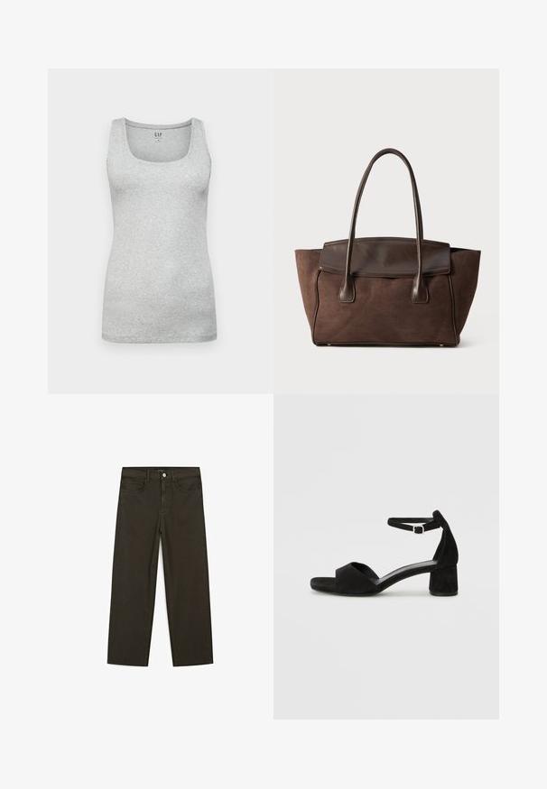 Graues Baumwolltanktop mit Rundhalsausschnitt, figurbetontem Design und glatter Textur. Hat keine sichtbaren Muster oder Akzente.; Dunkelgrüne Jeans im weit geschnittenen Style, hergestellt aus einem Baumwollgemisch. Sie verfügen über einen Frontknopfverschluss, fünf Taschen und klassische Denim-Nähte.; Schwarze Wildleder-Espadrilles mit einem dünnen Knöchelriemen, offener Zehenpartie und moderatem Blockabsatz. Glatte Textur und minimale Akzente.; Braune Wildleder-Tote mit strukturiertem Design, glatten Lederakzenten, verlängerten Griffen und subtiler Kontrastnaht.