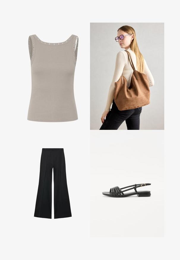 Vaalea harmaa ilmanhiha toppi, jossa on ribbaustekstuuri ja metalliset reikänauhat hartioilla sekä pyöreä pääntie.; Mustat leveälahkeiset housut, joissa on sileä pinta, etupuolella laskokset ja muotolaskettu malli. Kangas on kevyttä ja laskeutuvaa.; Musta litteä sandaalit, joissa on hihnattu muotoilu, sisältäen useita nahkahihnoja ja kapean nilkkasoljen. Pohja on litteä ja suorakulmainen.; Ruskea nubukkivuoriolaukku, jossa on pehmeä rakenne, tilava avaus ja pitkät hihnat. Ominaisuuksiin kuuluu yksinkertainen muotoilu näkyvine ompeleineen ja ilman metalliosia.