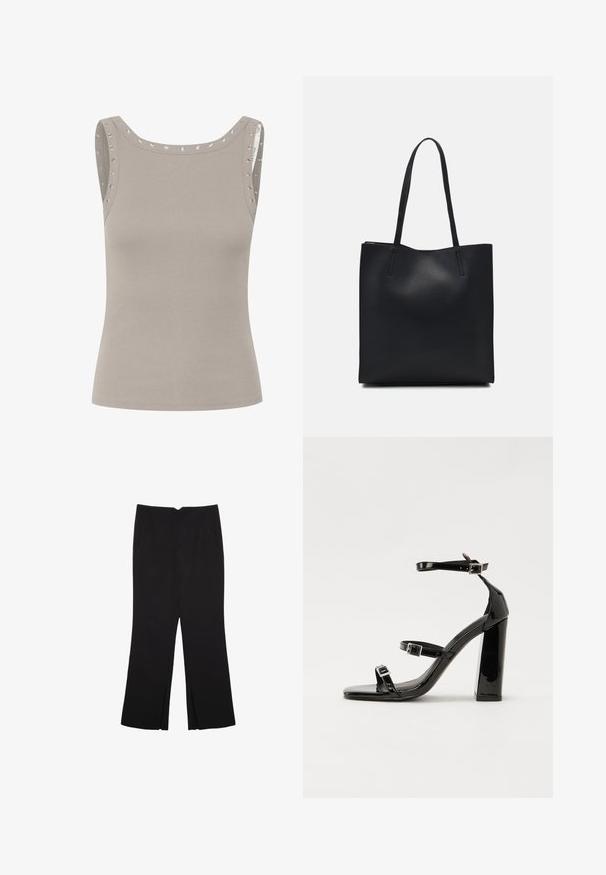 Svetlo šedý top bez rukávov s rebrovanou textúrou, ktorý má metalické ozdoby pozdĺž ramien a zaoblený výstrih.; Čierne nohavice so strihom rovného strihu, s prednými vreckami a bočnými rozparkami na leme. Vyrobené z mäkkej, hladkej tkaniny. Vhodné na rôzne príležitosti.; Čierne lakované sandále na podpätku so štvorcovou špičkou, navlečenými remienkami okolo členku a striebornými prackami. Disponujú masívnym blokovým podpätkom pre stabilitu.; Čierna kožená taška na rameno s hladkým povrchom, obdĺžnikovým tvarom a dvoma dlhými uchami. Bez viditeľného kovania alebo ozdôb.