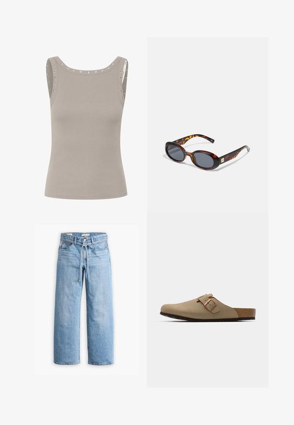 Top fără mâneci de culoare gri deschis, cu o textură ribotată, având accente metalice cu ochiuri pe umeri și un decolteu rotund.; Jeanși cu talie înaltă, de culoare albastru deschis, cu picioare largi, închidere cu nasture și fermoar, și detaliu cu șnur la talie. Terminare brută a marginii.; Saboți bej cu vârf rotund, accent cu cataramă ajustabilă și talpă din plută. Suprafață texturată cu o talpă din cauciuc negru pentru aderență.; Ochelari de soare tortoiseshell maro cu lentile ovale și nuanță gri închis. Prezintă un accent de culoare aurie pe temploane. Textură netedă din plastic.