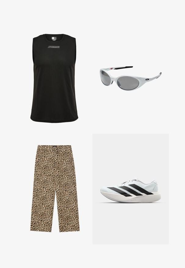 Juodas be rankovių sportinis marškinėlis, pagamintas iš minkštos, kvėpuojančios medžiagos. Turi apvalų iškirpimą ir baltą siuvinėtą "HUMMEL" logotipą.; YOURTURN UNISEX - Laisvo kirpimo džinsai - beige/black; Lengvi bėgimo batai šviesiai mėlynos spalvos su juodomis juostelėmis. Yra lygus viršus, apvalus pirštas ir storas baltas vidpadis su užrašu "LIGHTSTRIKE PRO."; Baltos plastikinės saulės akiniai su dideliais ovaliais objektyvais, pilkai nudažyti. Turime juodas ausis laikančias dalis ir mažą logotipą ant rėmelio. Lygus paviršius.