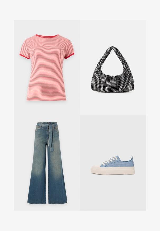Camiseta de manga corta a rayas rojas y blancas con cuello redondo y ribetes rojos en las mangas y el cuello, hecha de tejido acanalado.; Pantalones de mezclilla de pierna ancha con un degradado de azul claro a oscuro, cintura alta, trabillas para cinturón y un cinturón de tela a juego. Acabado de mezclilla texturizada.; Zapatillas de lona azul claro con una puntera y suela de goma crema, que cuentan con cordones blancos y una lengüeta en el talón.; Bolso negro con forma curva de hobo, tejido texturizado con tachuelas plateadas. Asa superior singular, cierre de cremallera y silueta suave.