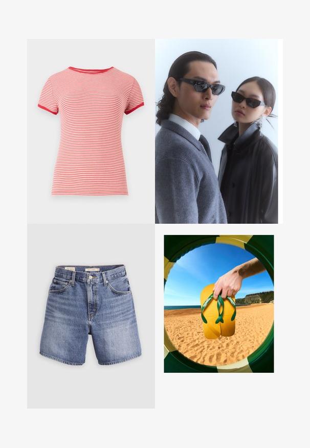 Red and white striped short-sleeved t-shirt with a round neckline and contrasting red trim on sleeves and collar, made from ribbed fabric.; Denim shorts in light blue wash, featuring a high waist, five pockets, zip fly, and button closure. Simple, classic cut with straight legs.; Yellow flip-flops with green straps and textured soles are held by a hand, viewed through a circular frame against a beach backdrop.; Sunglasses with angular black frames on model with a gray sweater, showcasing textured knit and a black leather jacket worn by another model.