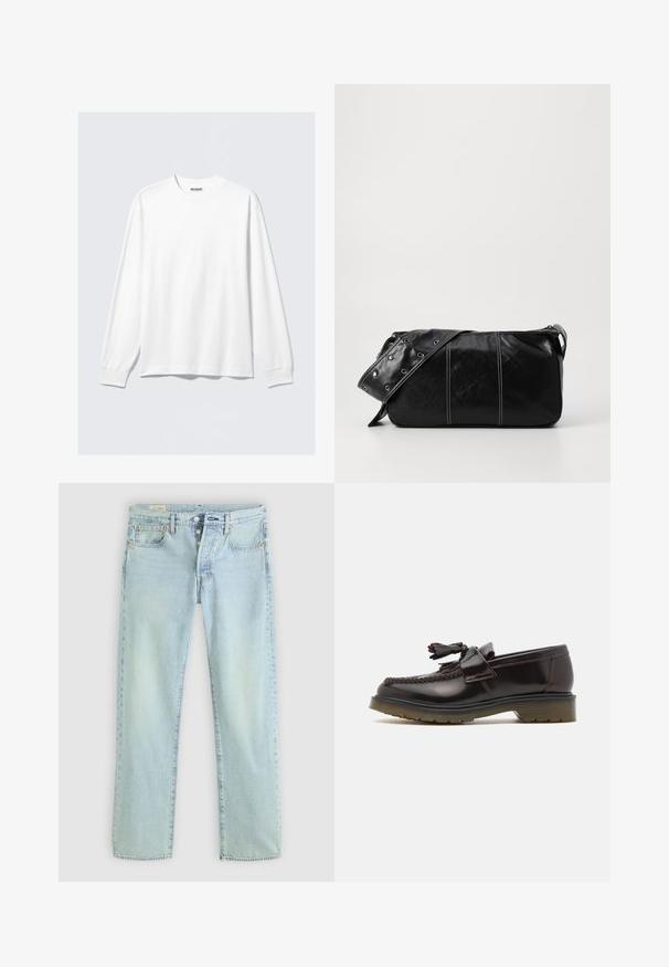 Hvit langermet crewneck skjorte med ribbestrikkede mansjetter og en liten merkeetikett "WEEKDAY" inni halsåpningen.; Lyseblå denimjeans med rett snitt, fem lommer, knappestolpe og subtil fading. Har broderidetaljer og kobbernitter.; Brune skinn loafers med et vevd design, duskdetalj og flat gummisåle. Har en jevn finish og kontrasterende søm.; Svart lær skulderveske med glidelås, med teksturert overflate, hvite sømmer og en stropp med sølvringer.