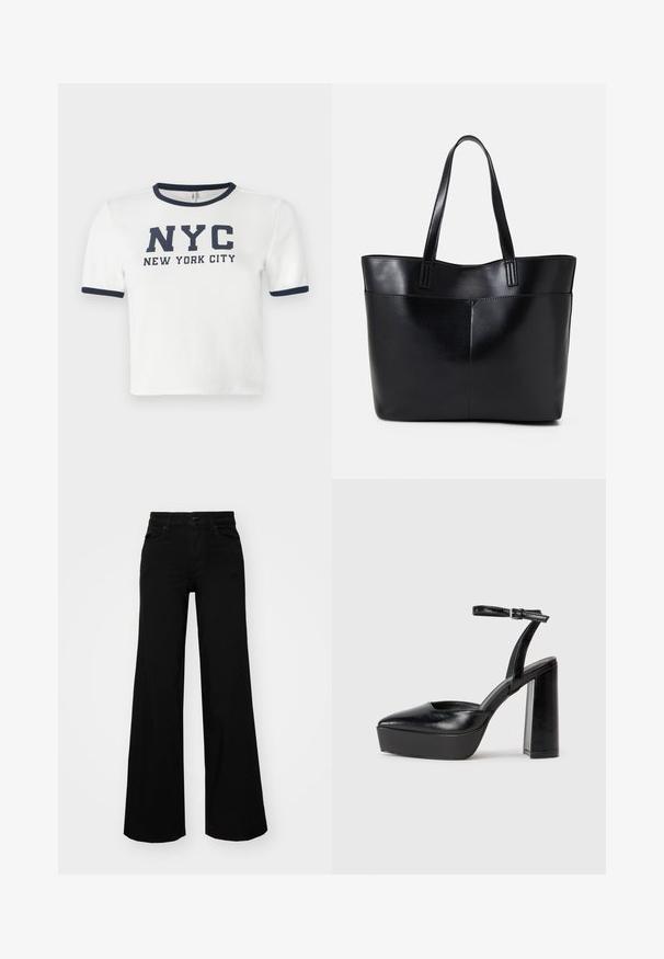 Hvit t-skjorte med korte ermer, med marineblå detaljer ved kragen og ermene. Har fet trykt tekst: "NYC NEW YORK CITY."; Svart vide bukser laget av denim, med en strukturert midjebånd, beltestropper og frontlommer. Glatt tekstur med et klassisk design.; Sorte plattformhelter med spiss tå og justerbar ankelrem. Laget av glatt lær, med en robust blokkhel.; Svart lær toteveske med to lange håndtak, en glatt tekstur og en strukturert form. Har en frontlomme for ekstra oppbevaring.