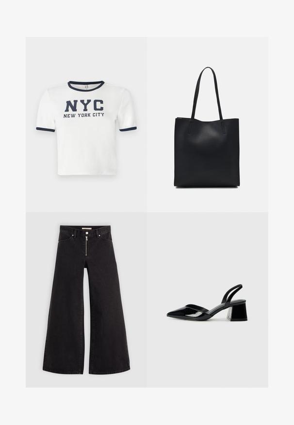 Biała koszulka z krótkim rękawem z granatowymi akcentami przy kołnierzyku i rękawach. Zawiera wyrazisty nadrukowany tekst: "NYC NOWY JORK".; Jeans o szerokich nogawkach w czarnym denienie z zamkiem błyskawicznym z przodu, pięcioma kieszeniami i subtelnymi detalami przeszycia. Gładka tekstura i swobodny styl.; Czarne lakierowane półbuty na obcasie z wydłużonym noskiem i geometrycznym słupkiem. Charakteryzują się eleganckim, minimalistycznym designem oraz gładką fakturą.; Czarna skórzana torba tote o gładkiej fakturze, prostokątnym kształcie i dwóch długich uchwytach. Brak widocznych elementów metalowych i ozdób.