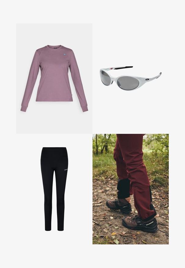 Dlhý rukáv košele v tlmenej levanduľovej farbe. Vyrobené z mäkkej tkaniny s okrúhlym výstrihom, s malým modrým logom na hrudi a priliehavými rukávmi.; Čierne legíny z elastického materiálu, s vysokým pásom a malým logom na ľavom stehne, navrhnuté pre pohodlie a pohyblivosť.; Hnedé turistické topánky s čiernymi akcentmi a robustnými podrážkami, skombinované s bordovými nepremokavými nohavicami so čiernymi bočnými panelmi a zipsami.; Biele plastové slnečné okuliare s veľkými oválnymi šošovkami, šedými tónovanými. Vlastnosti zahŕňajú čierne ušné úchyty a malé logo na ráme. Hladký povrch.; Salomon ACTIVE SKIN 12 SET UNISEX - Ruksak s vakom na vodu - black; Čierne rukavice vyrobené z textúrovaného materiálu, s prstovou segmentáciou a dotykovo citlivým prstovým hrotom. Logo "SALOMON" v bielej farbe na boku.