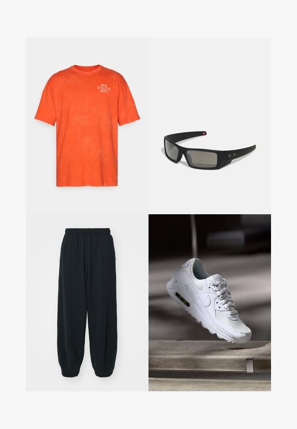 Oranž puuvillane t-särk lõdva lõikega, mille ülemisel vasakul küljel on valge trükk "NIKE ATHLETIC DEPT.". Pehme tekstuur.; Mustade elastse vöökoha ja laia lõikega dressipüksid, mansetiga sääred, sile tekstuur ning ilma nähtavate mustrite või detailideta.; Valged Nike Air Max 90 sneakers, millel on võrkkangast ja nahast ülemine osa, aukudega varbadosa ning nähtav õhuüksus kandades.; Mustad mustaga viimistlusega prillid, ristkülikukujulised läätsed, templite kerge kõverus, diskreetne logo detail ja suitsutatud läätsed.