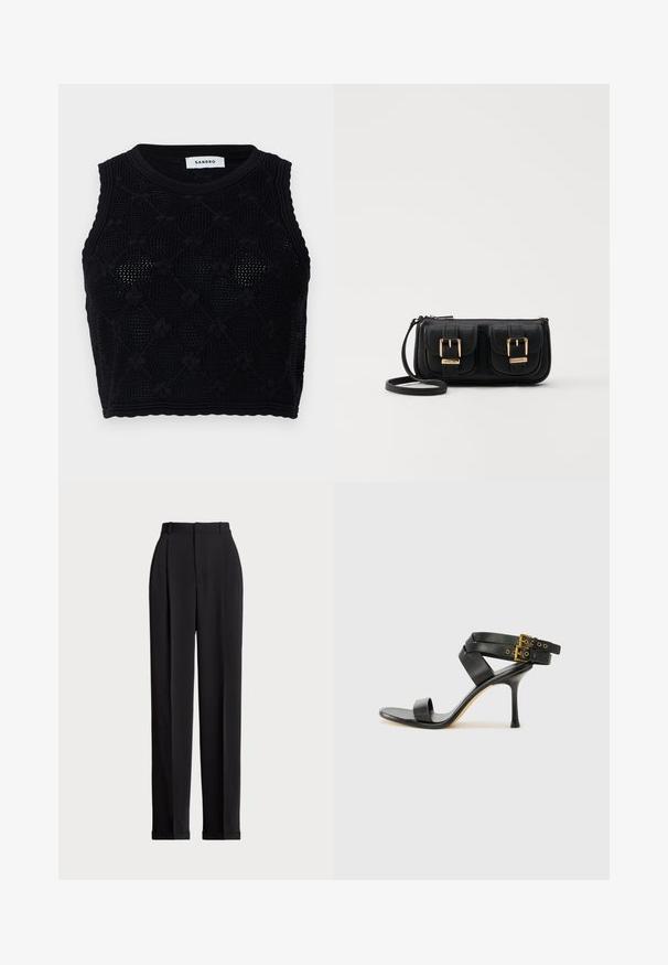 sandro Top - noir; Pantaloni negri, croiți pe măsură, cu talie înaltă, cu plii în față, design cu picior drept și tiv manșetat. Confecționați dintr-un material neted.; Sandalie negre cu toc, cu curele încrucișate și cataramă ajustabilă. Prezintă o textură netedă și un toc stiletto conic.; Geantă neagră din piele, tip crossbody, cu două buzunare frontale, catarame aurii, închidere cu fermoar și o curea subțire. Suprafață texturată și formă rectangulară compactă.
