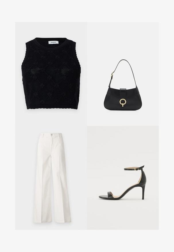 sandro Tops - noir; Baltas platfita bikses, izgatavotas no kokvilnas ar gludu tekstūru. Aprīkotas ar priekšējo pogu, rāvējslēdzēju un četru kabatu dizainu.; Melnas ādas augstpapēžu sandales ar potītes siksniņu. Iezīmes gluda tekstūra, atvērta purngala un plāna papēža. Zelta krāsas sprādzes detaļa.; Melna ādas rokassoma ar izliekta siluetu, īsu siksnu, centrālo zelta krāsas aksesuāru un gludu tekstūru. Nav redzamu rakstu vai akcentu.
