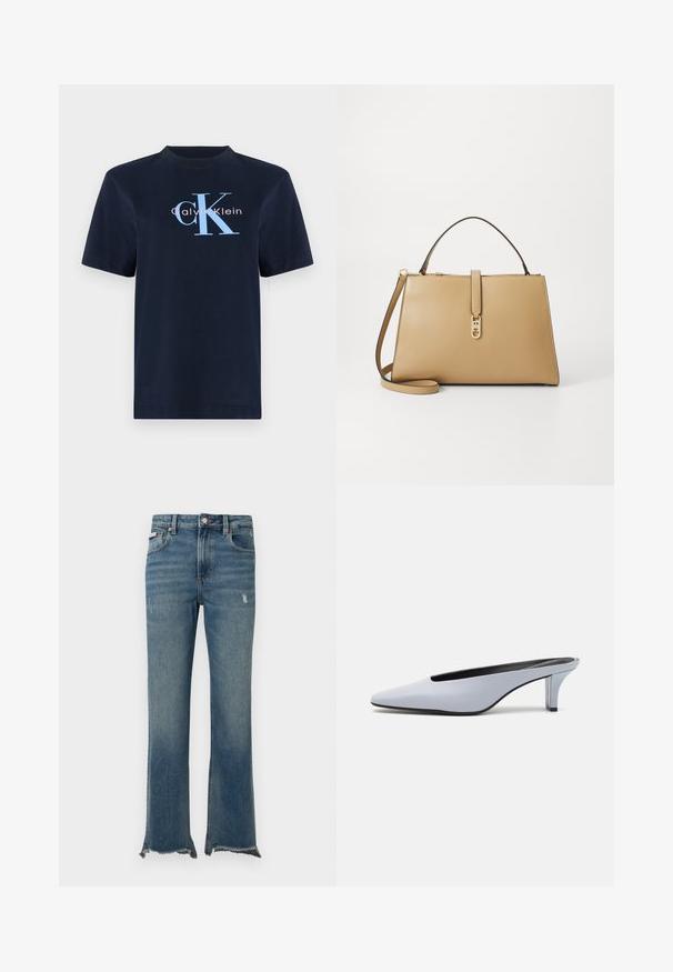 Mørkeblå bomulls T-skjorte med korte ermer, med logoen "Calvin Klein" i lys blå og rosa på forsiden. Enkel rund hals.; Blå denimjeans med lett slitasje, rå frynsete kanter, frontlommer, beltestropper og knappelukking.; Lys blå patentlær mule med spiss tå, lav gjennomsiktig hæl og en elegant design med utskjæring på vampen.; Tommy Hilfiger LIBRE SATCHEL - Håndveske - safari