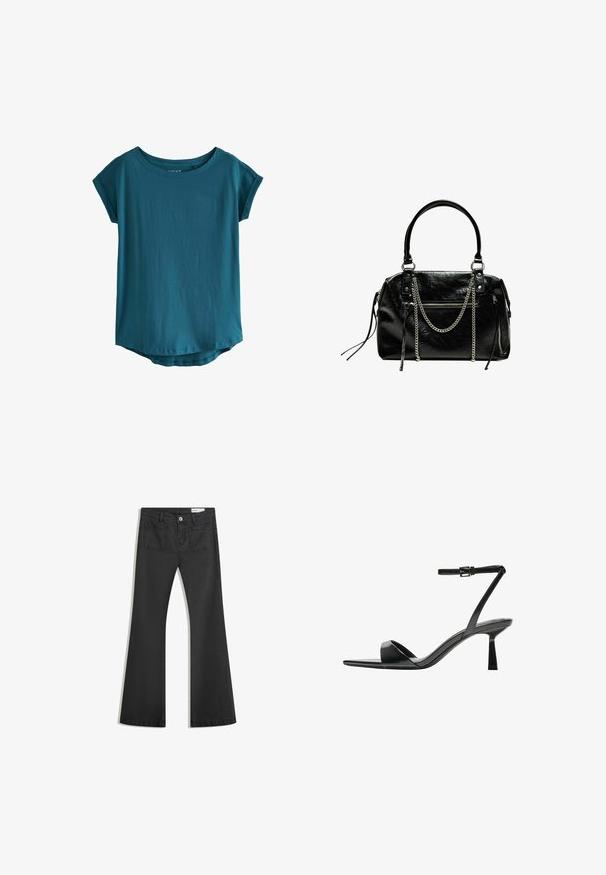 Türkisfarbenes Kurzarm-T-Shirt aus einem weichen, glatten Stoff. Verfügt über einen weit geschnittenen Rundhalsausschnitt und einen leicht abgerundeten Saum. Einfaches und schmuckloses Design.; Schwarze Schlagjeans aus Denim mit glatter Textur, ausgestattet mit zwei Gesäßtaschen und einem Knopfverschluss an der Taille.; Bershka High Heel Sandalette - black; Bershka WITH CHAIN - Handtasche - black