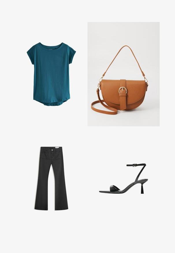 Teal lyhythihainen t-paita pehmeästä ja sileästä kankaasta. Siinä on leveä pyöreä pääntie ja hieman kaareva helma. Yksinkertainen ja koristelematon muotoilu.; Mustat leveälahkeiset farkut, jotka on valmistettu sileästä denimmateriaalista. Farkuissa on kaksi takataskua ja nappikiinnitys vyötäröllä.; Bershka Korolliset sandaalit - black; Ruskean nahkainen olkalaukku, jossa on kaareva muoto, kultaiset yksityiskohdat ja solkiyksityiskohta. Varustettu irrotettavalla olkahihnalla.