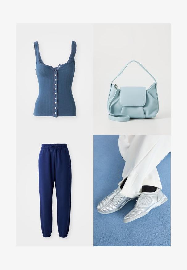 Free People END GAME POINTELLE TANK - Topper - indigo; Mørkeblå joggebukser laget av mykt stoff, med elastisk linning med snøring, elastiske mansjetter og en liten hvit logo.; Sølv atletikksko med en glatt, skinnende overflate, med et sydd design og tallet 90 på siden, kombinert med hvite bukser.; Lys blå lærveske med topphåndtak, frontlomme med klaff og avtagbar håndleddsstropp på hvit bakgrunn.