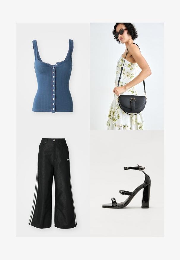 Free People END GAME POINTELLE TANK - Top - indigo; Crne široke traper hlače s tri bijele pruge sa svake strane i malim bijelim logom. Ima prednje džepove i preklop s gumbom.; Crne lakirane sandale na pete sa kvadratnim nosom, trakama oko gležnja i srebrnim kopčama. Imaju čvrst blok petu za stabilnost.; Crna kožna torba s lukovitim oblikom, odvojivim remenom i zlatnim detaljima. Torba ima preklop s kopčom.