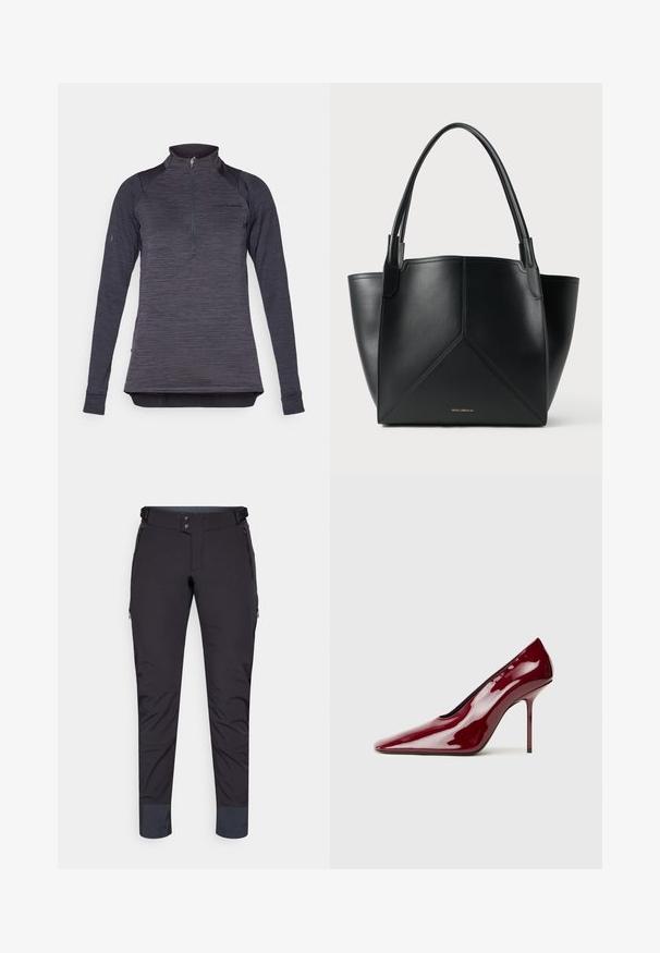 Long-sleeve pullover in dark gray textured fabric with a quarter-zip neckline and fitted sleeves. Features a subtle brand logo on the chest.; Black technical pants with a smooth texture, zippered pockets, and a tapered leg. Features a double button closure and reinforced cuffs.; Burgundy patent leather high-heeled pump with a pointed toe and sleek silhouette; features a slim heel and smooth, shiny finish.; Black leather tote bag with a geometric design, featuring two handles and gold branding on the front. Smooth texture and structured shape.