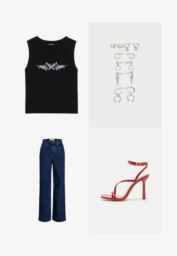 Črn brezrokavnik iz bombaža; vsebuje kovinski srebrni metulj in tribalni vzorec na prsih. Okroglo izreza.; Visoko pasovi, temno modre kavbojke z širokimi nogami, sprednjim gumbom in obliko s petimi žepi.; ALDO SCINTILLA - Sandali z visoko peto - red; Komplet srebrnih ušesnih uhani z različnimi oblikami: obroči, stud earrings in viseči slogi, z okroglimi poudarki in koničnimi elementi.