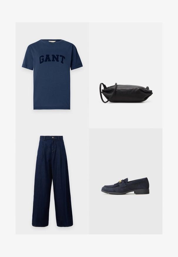 Sakaru jūras zils kokvilnas t-krekls ar īsām piedurknēm, ar tekstu "GANT" treknrakstā tumši zilās krāsas burtiem pa krūtīm.; Tumši zilu džinsu platleņķa bikses ar augstu jostasvietu, ar krokām priekšpusē un klasisku pogu aizdari, ar sānu kabatām un kontrastējošiem dūriem.; Dzeltenās zamšādas loafers ar zemu melnu papēdi, ar dekoratīvu zelta detaļu priekšā un noapaļotu purngalu.; Melnas ādas plecu soma ar taisnstūra formu, gludu tekstūru, plānu plecu siksnu un minimālistisku dizainu.