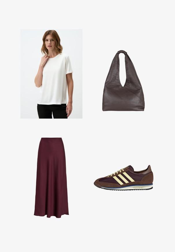 Witte t-shirt met korte mouwen, gemaakt van een gladde stof en met een ronde hals. Eenvoudig ontwerp, met een losse pasvorm en geen zichtbare patronen.; Bordeaux satijnen maxi rok met een zachte textuur, hoge taille en een vloeiende silhouet die zachtjes uitloopt naar de zoom.; Bruine en bordeauxkleurige sneaker van suede en mesh materiaal, met drie crèmekleurige strepen, een gemêleerd stof op de tong en een rubberen zool.; Bruine leren tas met een slappe, oversized uitstraling. Beschikt over een lusvormige handgreep en een diepe V-vormige opening voor gemakkelijke toegang. Zachte textuur, minimalistische stijl.