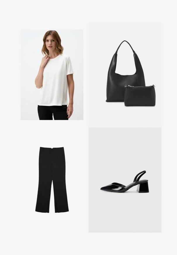Weißes T-Shirt mit kurzen Ärmeln aus glattem Stoff und rundem Halsausschnitt. Einfaches Design, das eine lockere Passform und keine sichtbaren Muster aufweist.; Schwarze Hose mit geradem Schnitt, ausgestattet mit Fronttaschen und Seitenschlitzen am Saum. Hergestellt aus weichem, glattem Stoff. Geeignet für verschiedene Anlässe.; Schwarze Lackleder-Slingback-High Heels mit spitzem Schuh und einem geometrischen Blockabsatz. Verfügt über ein schlankes, minimalistisches Design und eine glatte Textur.; Even&Odd Handtasche - black