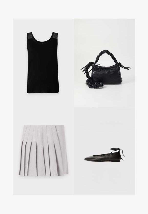 Schwarzes Tanktop aus weichem Stoff, mit Spitzenakzenten an den Schultern und einem runden Ausschnitt. Einfaches Design mit gerader Passform.; Grauer plissierter Rock mit glatter Textur, der mehrere vertikale Falten und eine taillierte Taille aufweist. Hergestellt aus leichtem Stoff.; Schwarze Leder-Ballerinas mit spitzem Zehenbereich, Knöchelband und flacher Sohle, die eine glatte Textur und ein minimalistisches Design aufweisen.; Schwarze Handtasche aus Kunstleder mit Krokodilstruktur, gerafftem oberen Teil und einem geschoppten Tragegurt. Sie wirkt weich und kompakt im Design.