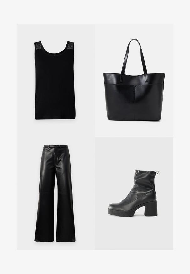 Juoda liemenėlė, pagaminta iš minkštos medžiagos, papuošta nėrinių akcentais ant pečių ir su apvaliu iškirpimu. Paprastas dizainas su tiesiu kirpimu.; Juodos aukšto juosmens plačios kojų dirbtinės odos kelnės su priekiniais mygtukais, užtrauktuku, diržo kilpomis ir šoninėmis kišenėmis ant balto fono.; Juodos kulkšninių botai, pagaminti iš lygaus odos, su šoniniu užtrauktuku, masyviu tekstūruotu kulnu ir apvaliu pirštu.; Juoda odinė rankinė su dviem ilgais diržais, lygiu paviršiumi ir struktūrizuota forma. Yra priekinė kišenė papildomam saugojimui.