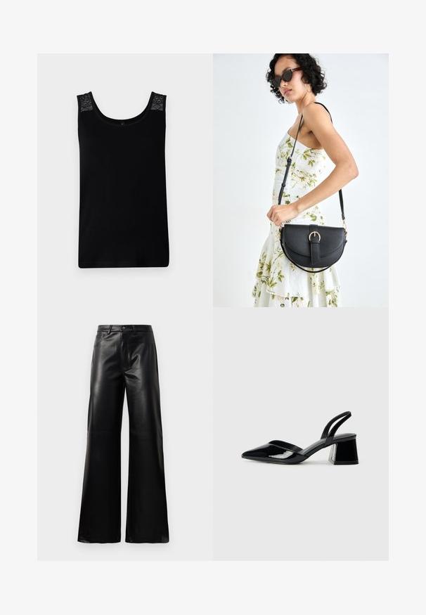Črna brezrokavnik iz mehkega materiala, opremljen z čipkastimi dodatki na ramenih in okroglim izrezom. Preprost dizajn s pravim krojem.; Črne široke hlače iz umetnega usnja z visokim pasom, sprednjim gumbom, zadrgo, zanke za pas in stranskimi žepi na beli podlagi.; Črne lakirane slingback pete s koničastim nosom in geometrijsko blokasto peto. Imajo eleganten, minimalističen dizajn in gladko teksturo.; Črna usnjena torbica s ukrivljeno obliko, z odstranljivo naramnico in zlatimi dodatki. Torbica ima pokrov s podrobnostmi v obliki zaponke.