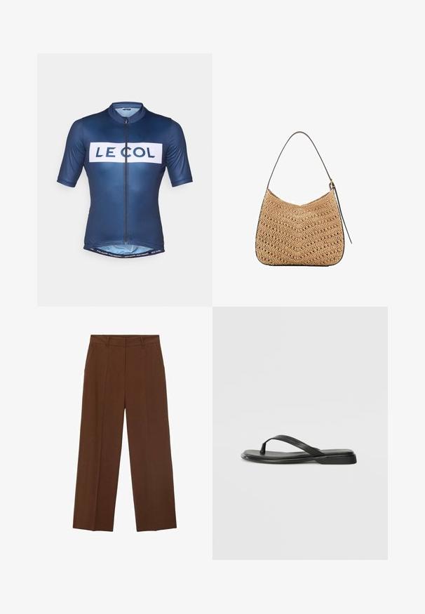Navy cyklistický dres vyrobený z hladkého, lehkého materiálu; krátké rukávy; přední zip; na hrudi je umístěn bílý text "LE COL".; Hnědé široké kalhoty vyrobené z hladkého materiálu s vysokým pasem, které mají přední kapsy a úhledný záhyb na přední straně.; Černé žabky vyrobené z hladké kůže, s tenkým designem popruhu a plochou podrážkou s minimálním profilem. Žádné výrazné vzory ani akcenty.; Tkaná slaměná taška na rameno s zakřiveným tvarem, která má tmavý kožený popruh a texturovaný povrch s chevronovým vzorem.; Průhledné a jantarové prsteny z pryskyřice, jeden hladký a transparentní, druhý s texturovaným jantarovým povrchem. Oba mají zaoblené, robustní tvary.