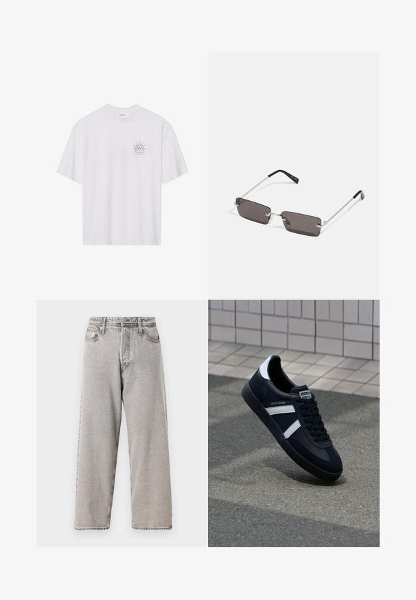 Balta medvilninė marškinė su trumpomis rankovėmis, su musturu saulės juodai kairėje krūtinės pusėje ir tekstu "NAVIguOKITE KOSMOSE" apačioje.; Platus džinsinis pilkos spalvos kelnes su išblukusiu audiniu, penkiomis kišenėmis, diržo kilpomis ir kontrastingomis siūlėmis. Lygi tekstūra ir tiesus kirpimas.; Juodas odinis sportinis batelis su baltais dryžiais, tekstūruota gumine padais ir raišteliais priekyje. Yra prekės ženklą žymintis etiketė ant liežuvio.; Akiniai nuo saulės su stačiakampiais, tamsiai pilkais lęšiais, sidabriniais metaliniais rėmeliais ir juodais plastikiniais galiukais. Lengvas dizainas su nosies pagalvėlėmis.
