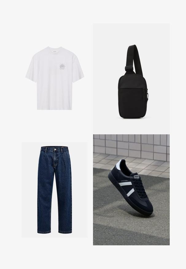 White cotton t-shirt with short sleeves, featuring a sun graphic in black on the left chest area, and "NAVIGATE THE COSMOS" text beneath.; Dark blue denim jeans with a straight-leg design. Features visible stitching, a button closure, and front pleats for added detail.; Black leather sneaker with white stripes, textured rubber sole, and lace-up front. Features a branded label on the tongue.; Black crossbody bag made of durable fabric, featuring a single adjustable strap, a zippered main compartment, and a front pocket.