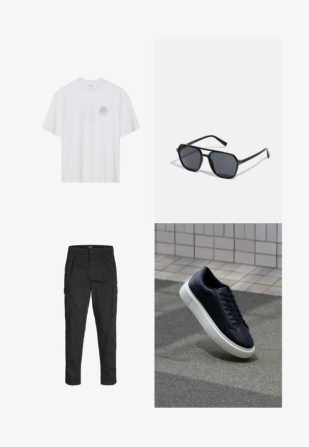 Balta medvilninė marškinė su trumpomis rankovėmis, su musturu saulės juodai kairėje krūtinės pusėje ir tekstu "NAVIguOKITE KOSMOSE" apačioje.; Juodi krovinių tipo džinsai, pagaminti iš tvirto audinio, su keliais kišeniais, mygtuko uždarymu ir siauru, prigludusiu dizainu su siaurėjančiomis kojomis.; Juodas odinis sportbačius su apvaliu pirštu ir baltu gumuotu padu. Turi plokščias raišteles ir minimalų siuvimą viršuje. Padangos tekstūra užtikrina sukibimą.; Juodos akiniai nuo saulės su aštuonkampiu rėmeliu, tamsiais objektyvais, blizgiu paviršiumi, plonomis šakutėmis ir auksinėmis akcentais priekyje.