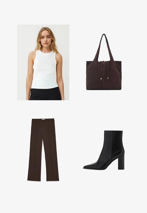 Młoda kobieta z długimi blond włosami, ubrana w białą bezrękawnik i czarne spodnie, stojąca na tle jednolitego jasnego tła.; Brązowe, szerokie spodnie z gładkiego materiału; mają plisę z przodu i standardowy pas. Minimalistyczny design bez widocznych zapięć.; Czarny skórzany botek za kostkę z ostrywnym noskiem, kwadratowym obcasem, gładką fakturą oraz detalami szycia wzdłuż szwów. Wysokość obcasów wynosi około 3,5 cala.; Mango - Torba na zakupy