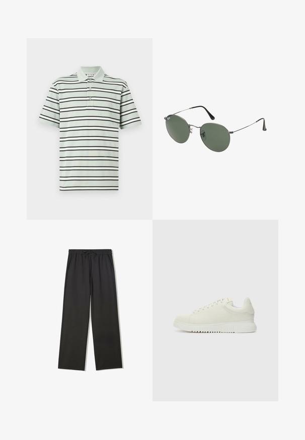 Tricou polo în dungi, de culoare verde deschis, cu dungi orizontale negre și albe. Placă cu trei butoane și mâneci scurte. Textură din bumbac.; Pantaloni negri cu talie elastică, șnur de strângere și buzunare laterale, având o croială lejeră și picioare drepte.; Adidași din piele albă cu un superior texturat, vârf rotunjit, talpă albă plată și șireturi tonale. Branding subtil pe limbă.; Ochelari de soare cu ramă metalică, dotati cu lentile ovale verzi. Ramă subțire din metal argintiu și ușițe negre. Design minimalist, fără logo-uri vizibile.