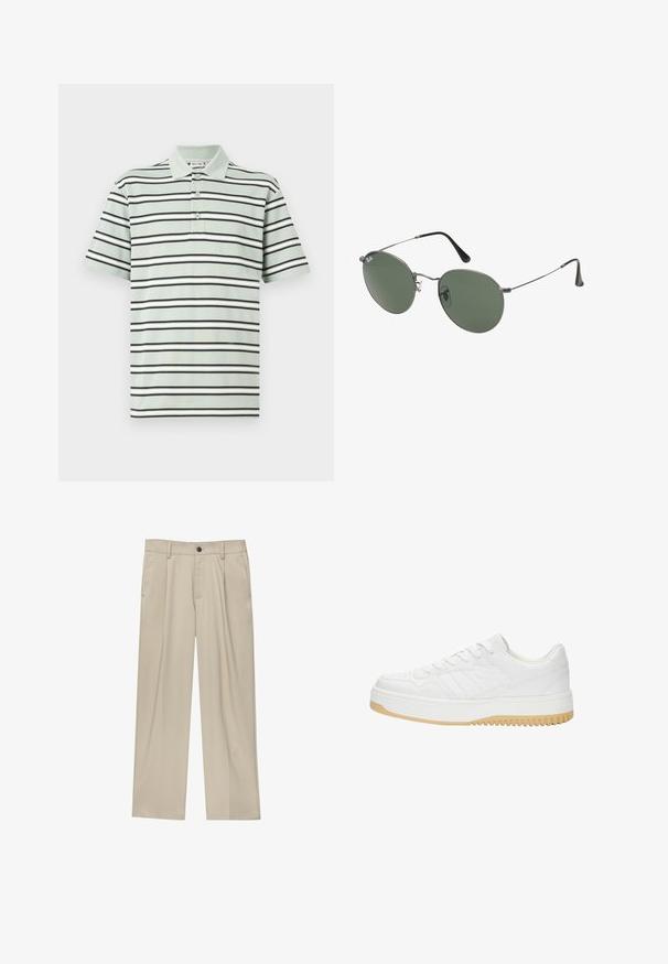 Randig polo t-shirt i ljusgrön, med svarta och vita horisontella ränder. Treknappsslutning och korta ärmar. Bomullstextur.; Beiga byxor med rak passform, utrustade med en enda svart knapp, bältesöglor och sidofickor. Slät tygkänsla och minimalistisk design.; Vit lädersneaker med en texturerad yta, som har en gummisula, snördesign och subtila randaccenter på sidorna.; Metallinramade solglasögon med ovala gröna linser. Tunn silvermetallram och svarta öronpluggar. Minimalistisk design, inga synliga logotyper.