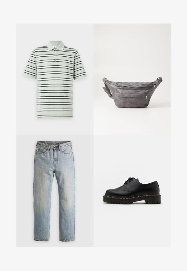 Stripet polo-skjorte i lys grønn, med svarte og hvite horisontale striper. Tre-knapp splitt og korte ermer. Bomullstekstur.; Lys blå denim jeans med høy midje, frontknapp, glidelås og fem-lommers design, lagt flatt på en nøytral bakgrunn.; Svart lær snøresko med rund tå, teksturert gummisåle og gul søm rundt bunnen. Flat design og glatt overflate.; Grå semsket fanny pack med avrundet form, to glidelåslommer og justerbar stropp. Har metallbeslag som detaljer.
