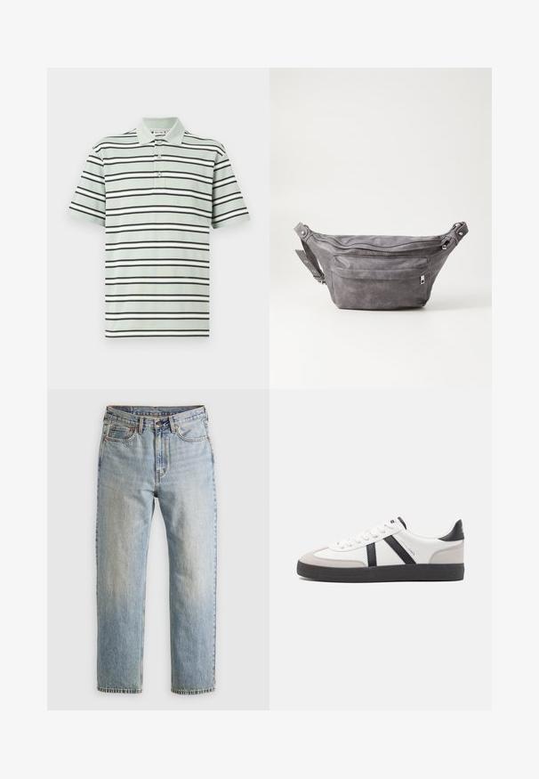 Csíkos polo póló világoszöld színben, fekete és fehér vízszintes csíkokkal. Három gombból álló nyakrésze és rövid ujjai vannak. Pamut textúrájú.; Világoskék farmernadrág magas derékkal, elülső gombbal, cipzárral és öt zsebbel, sima háttérre fektetve.; Fehér sneaker fekete és szürke részletekkel, textúrált szürke orr résszel, fekete gumitalppal és lapos fehér fűzőkkel. Tiszta dizájn, minimalista stílus.; Szürke velúr övtáska kerek formával, két cipzáras rekesszel és állítható pánttal. Fém dekorációval rendelkezik.