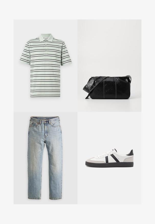 Gestreepte poloshirt in lichtgroen, met zwart en witte horizontale strepen. Drieknoopsluiting en korte mouwen. Katoenen textuur.; Lichtblauwe denim jeans met hoge taille, frontknop, rits en vijfzakkenontwerp, plat gelegd op een neutrale achtergrond.; Witte sneaker met zwarte en grijze accenten, voorzien van een grijze neus met textuur, zwarte rubberen zool en platte witte veters. Schoon ontwerp, minimalistische stijl.; Zwarte leren schoudertas met een ritsluiting, voorzien van een gestructureerd lichaam, witte stiksels en een band met zilveren oogjes.