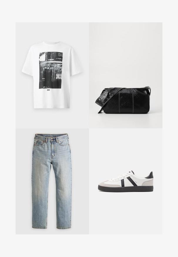 Bijela pamučna majica s crno-bijelom fotografijom četiri figure na autobusu, s tekstom i grafikom vezanim uz kazalište i autobusnu liniju.; Svijetloplave traperice visoki struk, prednji gumb, zatvarač i dizajn s pet džepova, položene ravno na neutralnoj pozadini.; Bijele tenisice s crnim i sivim detaljima, s teksturiranim sivim zaštitnikom prstiju, crnim gumene potplate i ravnim bijelim vezicama. Čist dizajn, minimalistički stil.; Crna kožna torba preko ramena s zatvaranjem na patentni zatvarač, s teksturiranim tijelom, bijelim šavovima i remenom sa srebrnim okovima.