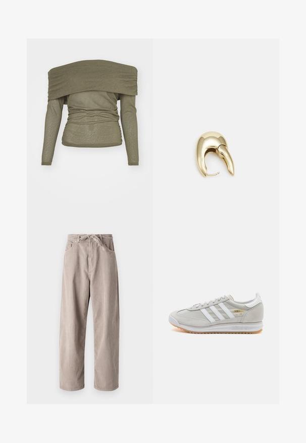 Maslina zelena majica s dugim rukavima, s dizajnom bez ramena, naboranom teksturom i uskim siluetom. Meko, lagano blaženo.; Beige kordurojske hlače s sproščenim krojem, ki imajo vrvico za prilagajanje pasu, dva sprednja žepa in vertikalno rebrasto teksturo.; Svetlo sivi tenisice od antilopa i mrežaste tkanine, s tri bijele pruge, okruglim vrhom i gumenim potplatom. Zlatni logo akcent blizu vezica.; Uhane nakit iz zlatastega tona z gladko, ukrivljeno zasnovo. Ima edinstveno koničasto obliko, polirano površino in zaponko s tečajem.
