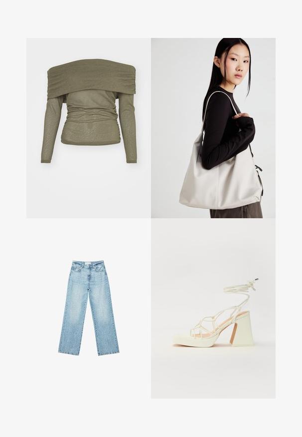 Oliwkowa bluzka z długim rękawem o kroju eksponującym ramiona, z marszczonym wzorem i dopasowanym fasonem. Miękki, lekki materiał.; Jasnoniebieskie jeansy z szerokimi nogawkami i wysokim stanem, z lekko wybledzonym wykończeniem i drobnymi, rozproszonymi przetarciami.; Biała sandał na wysokim obcasie z masywnym słupkiem, z paskowym wzorem i wiązaniem przy kostce. Gładka faktura z platformą z przodu dla dodatkowej wysokości.; Beżowa torebka wykonana z miękkiego materiału, charakteryzująca się luźnym fasonem, wyszywanymi detalami i dwoma uchwytami na ramię. Idealna na co dzień.