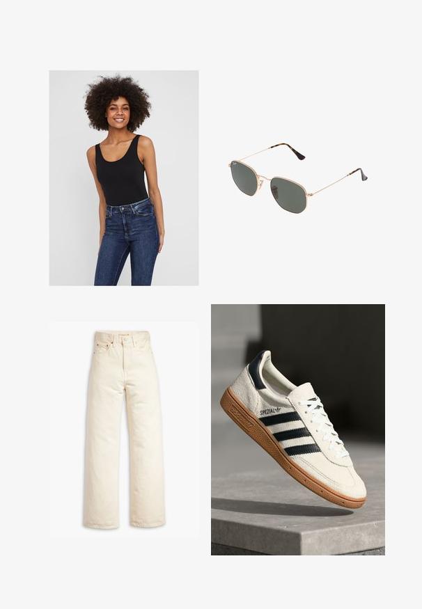 Black sleeveless bodysuit with a rounded neckline, paired with dark blue denim jeans. Smooth fabric with a fitted design and minimal detail.; Beige wide-leg jeans made of cotton denim. Features include a high waist, button closure, and five-pocket design. Smooth, durable texture.; White suede sneaker with navy stripes, rubber gum sole, textured upper, round toe, and lacing; features branding on the side and tongue.; Gold metal-frame sunglasses with dark green lenses, aviator style, featuring slim arms and tortoiseshell accents on the tips.; Black quilted faux leather bag with a chain strap, featuring a hexagonal pattern and a decorative wing detail on the front.