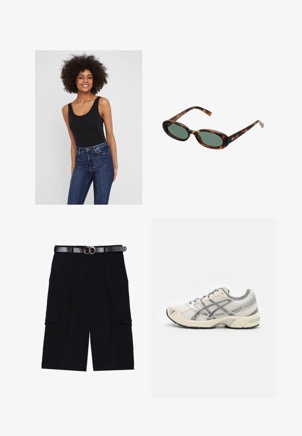 Body senza maniche nero con scollo arrotondato, abbinato a jeans in denim blu scuro. Tessuto liscio con design aderente e dettagli minimi.; Pantaloni cargo neri realizzati in tessuto leggero, con taglio dritto, tasche laterali e una cintura in pelle marrone con fibbia argentata.; Scarpe da corsa con tomaia in rete bianca traspirante, dettagli argentati, lacci grigi e suola in gomma nera resistente. Design leggero e ammortizzato.; Occhiali da sole tartarugati con montatura ovale e lenti verdi. Presentano aste sottili con un accento metallico vicino alle cerniere.