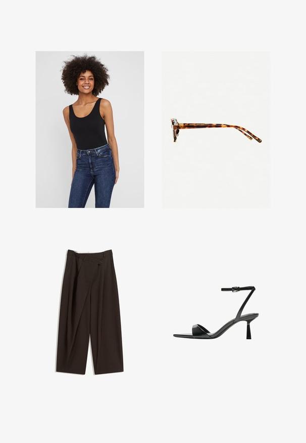 Black sleeveless bodysuit with a rounded neckline, paired with dark blue denim jeans. Smooth fabric with a fitted design and minimal detail.; Dark brown wide-leg trousers with a high waist, featuring a single button closure and a pleated front. Made from lightweight fabric.; Bershka High heeled sandals - black; Tortoiseshell sunglasses with a thick frame, slightly curved temples, and smooth texture. Features a classic design with a glossy finish.; Brown leather bag with a gathered top and a chain strap. Smooth texture with a glossy finish and subtle seam detailing on the sides.