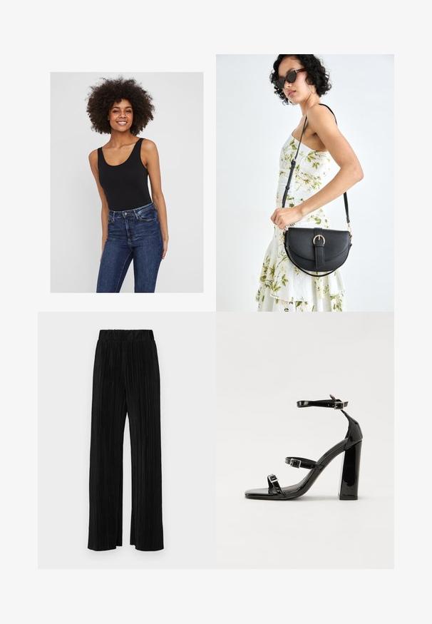Zwarte mouwloze bodysuit met een ronde hals, gecombineerd met donkerblauwe spijkerbroek. Glad stof met een aansluitend ontwerp en minimale details.; Zwarte geplooide broek met een elastische tailleband. Beschikt over wijde pijpen en een glad, gestructureerd stof met verticale strepen.; Zwarte gepatenteerde sandalen met hak en een vierkante neus, enkelbandjes en zilveren gespen. Heeft een stevige blokhak voor stabiliteit.; Zwarte leren handtas met een gebogen vorm, afneembare schouderband en gouden hardware. De tas heeft een klep met een gespsluiting.