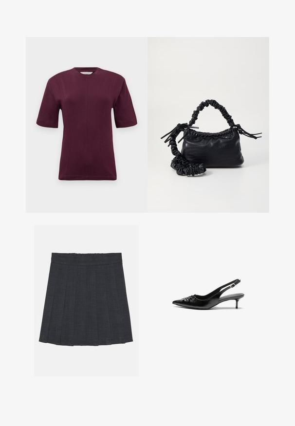 Kurze ärmeln burgunderfarbenes T-Shirt aus glattem Baumwollstoff, mit rundem Halsausschnitt und dezenten Nahtdetails auf der Vorderseite.; Dunkelgrauer, plissierter Rock mit elastischem Bund, aus einem strukturierten Stoff und in klassischer A-Linie. Geeignet für die Freizeit.; Schwarze Leder-Slingback-Absätze mit einer spitzen Zehenform, kleinen Kitten-Absätzen und einem dekorativen Knoten-Detail auf der Vorderseite. Glatte Textur über die gesamte Fläche.; Schwarze Handtasche aus Kunstleder mit Krokodilstruktur, gerafftem oberen Teil und einem geschoppten Tragegurt. Sie wirkt weich und kompakt im Design.